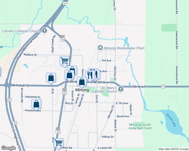map of restaurants, bars, coffee shops, grocery stores, and more near 406 2nd Street in Minong
