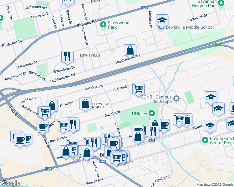 map of restaurants, bars, coffee shops, grocery stores, and more near 116 Ruelle Sylvain in Dieppe