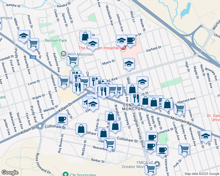 map of restaurants, bars, coffee shops, grocery stores, and more near 37 Lefurgey Avenue in Moncton