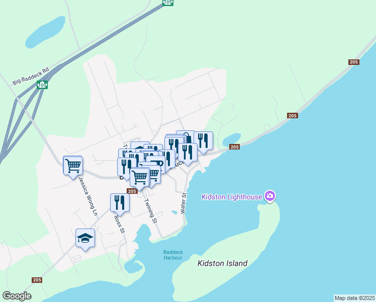 map of restaurants, bars, coffee shops, grocery stores, and more near 523 Chebucto Street in Baddeck