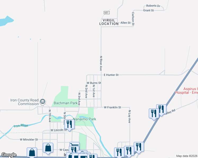 map of restaurants, bars, coffee shops, grocery stores, and more near 1401 River Road in Iron River