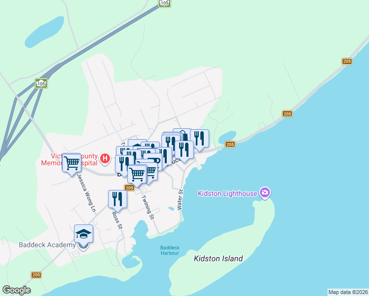 map of restaurants, bars, coffee shops, grocery stores, and more near 523 Chebucto Street in Baddeck
