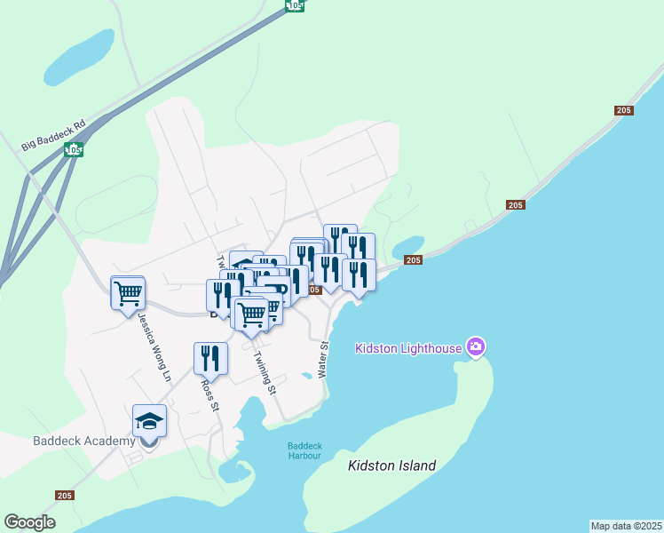 map of restaurants, bars, coffee shops, grocery stores, and more near 523 Chebucto Street in Baddeck