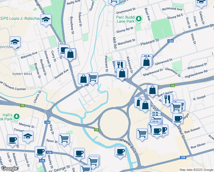 map of restaurants, bars, coffee shops, grocery stores, and more near 154 Lewisville Road in Moncton