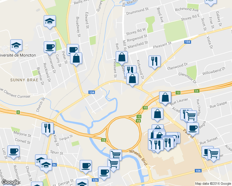 map of restaurants, bars, coffee shops, grocery stores, and more near 154 Lewisville Road in Moncton