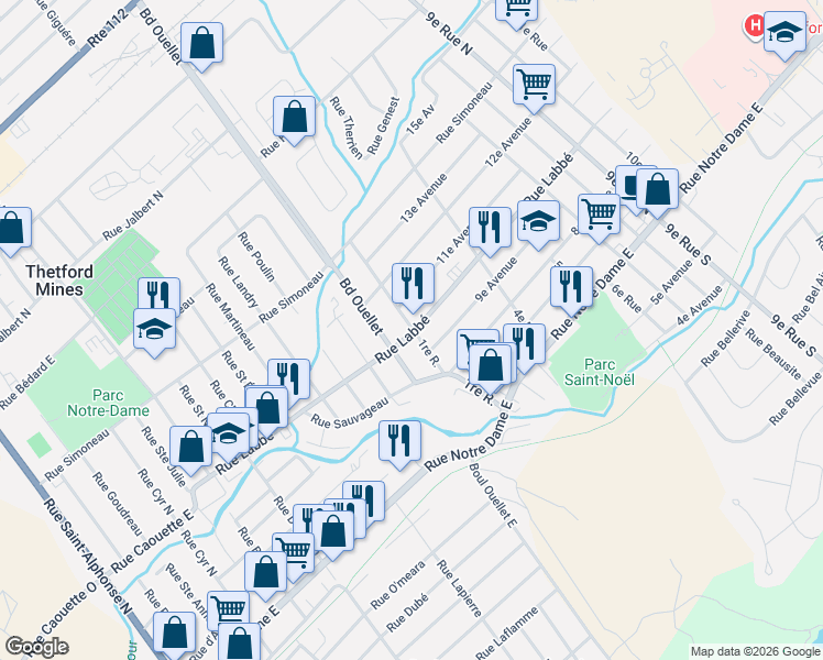 map of restaurants, bars, coffee shops, grocery stores, and more near 708 Rue Labbé in Thetford Mines