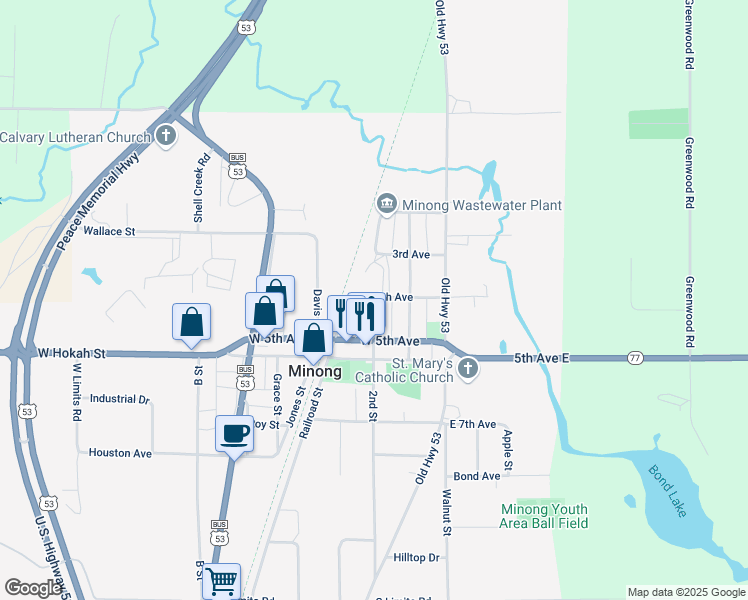 map of restaurants, bars, coffee shops, grocery stores, and more near 406 2nd Street in Minong