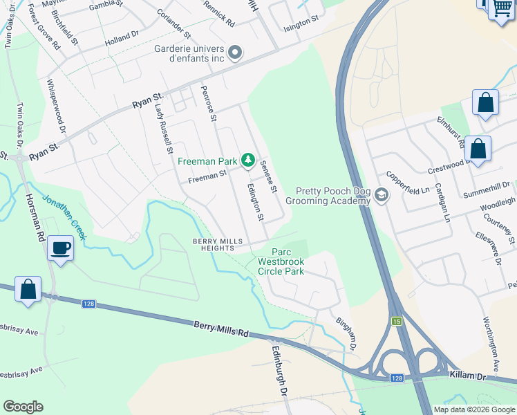 map of restaurants, bars, coffee shops, grocery stores, and more near Edington Street in Moncton