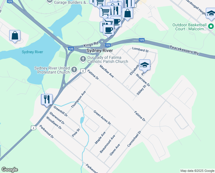 map of restaurants, bars, coffee shops, grocery stores, and more near 79 Fatima Drive in Sydney River