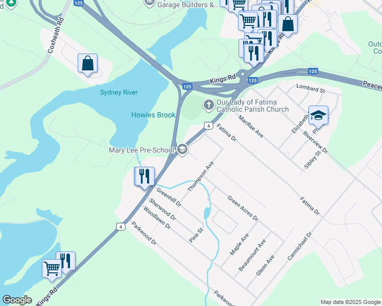 map of restaurants, bars, coffee shops, grocery stores, and more near 17 Howie Drive in Sydney
