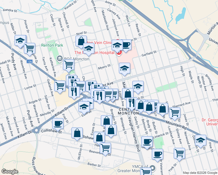 map of restaurants, bars, coffee shops, grocery stores, and more near 58 McSweeney Avenue in Moncton