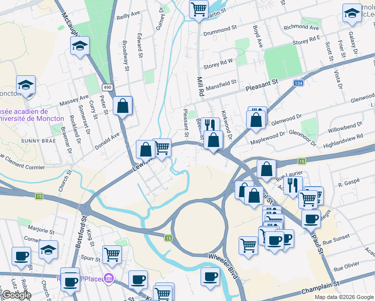 map of restaurants, bars, coffee shops, grocery stores, and more near 150 Lewisville Road in Moncton
