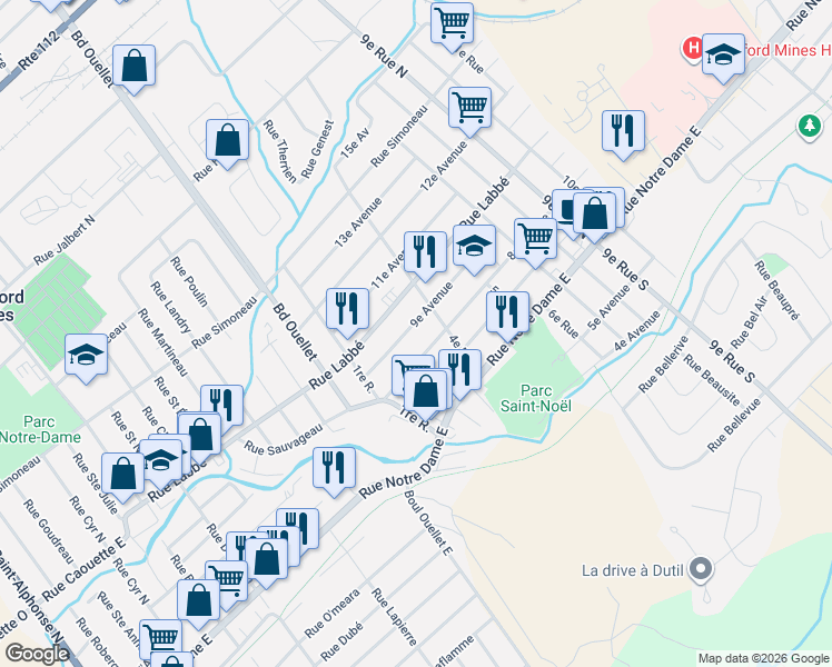 map of restaurants, bars, coffee shops, grocery stores, and more near 820 9e Av in Thetford Mines