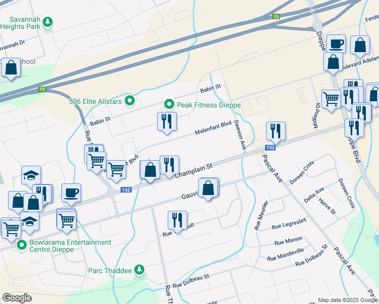 map of restaurants, bars, coffee shops, grocery stores, and more near 680 Malenfant Boulevard in Dieppe