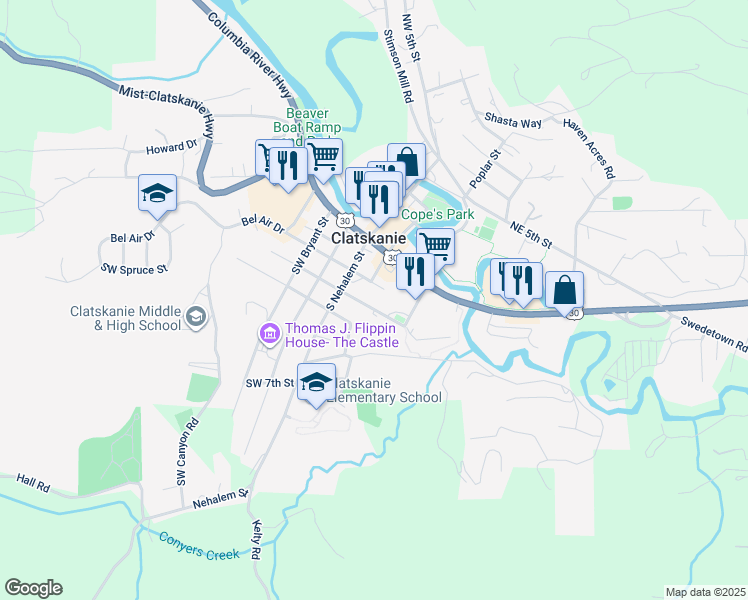 map of restaurants, bars, coffee shops, grocery stores, and more near 125 Southeast 2nd Street in Clatskanie
