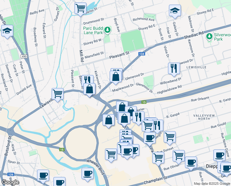 map of restaurants, bars, coffee shops, grocery stores, and more near 50 Maplewood Drive in Moncton