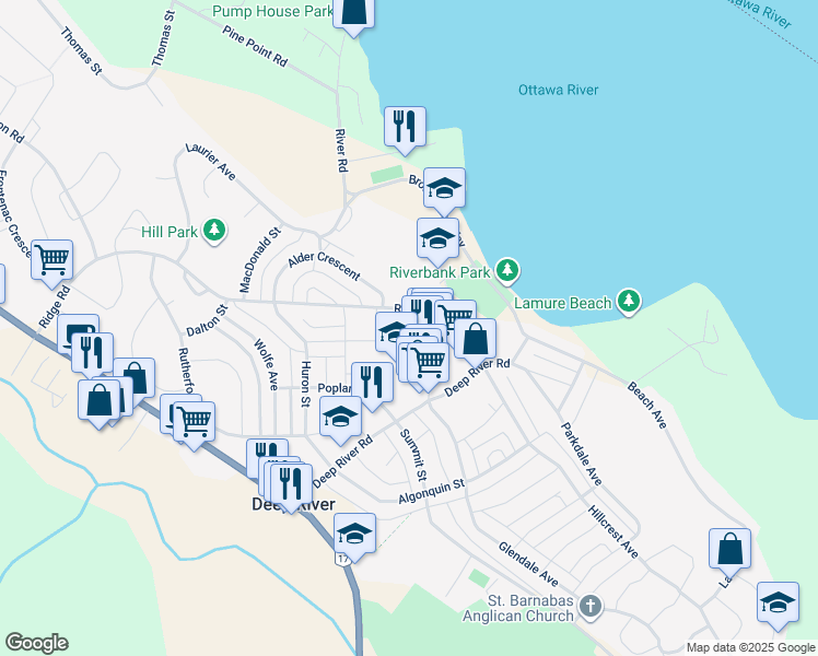 map of restaurants, bars, coffee shops, grocery stores, and more near Ridge Road in Deep River
