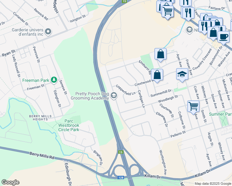 map of restaurants, bars, coffee shops, grocery stores, and more near 331 Worthington Avenue in Moncton