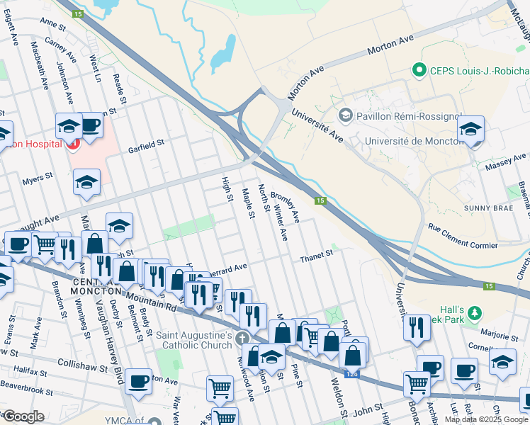 map of restaurants, bars, coffee shops, grocery stores, and more near in Moncton