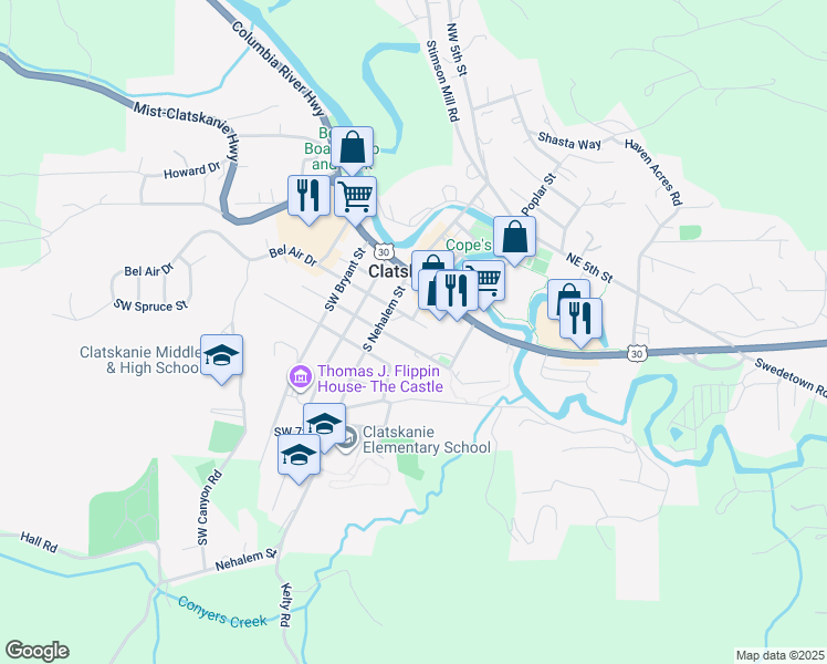 map of restaurants, bars, coffee shops, grocery stores, and more near 125 Southeast 2nd Street in Clatskanie