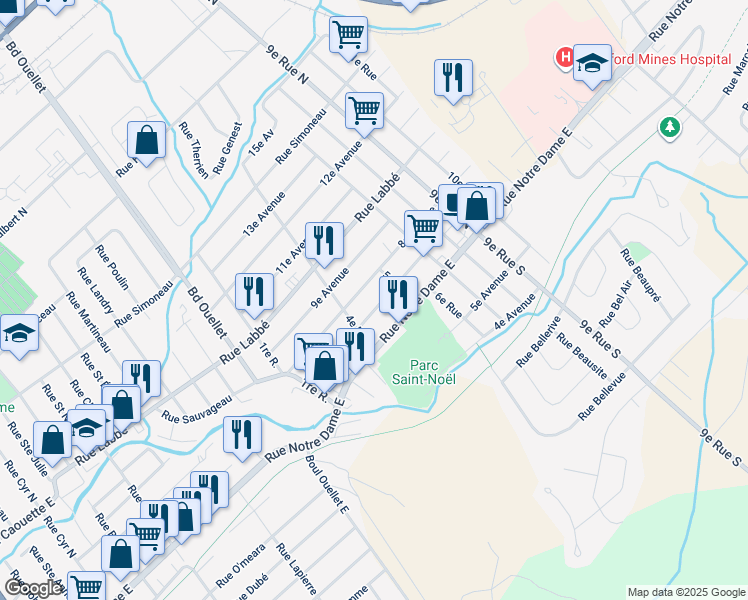 map of restaurants, bars, coffee shops, grocery stores, and more near 961 7e Av in Thetford Mines