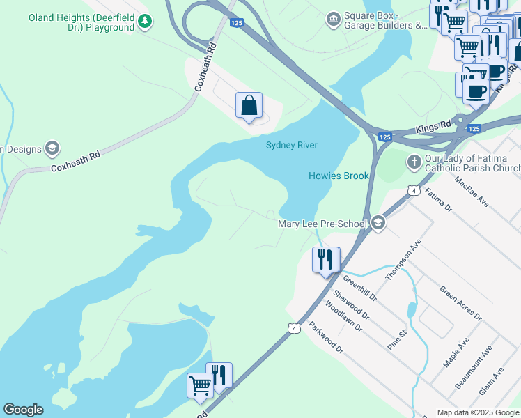 map of restaurants, bars, coffee shops, grocery stores, and more near 159 Riverside Drive in Sydney