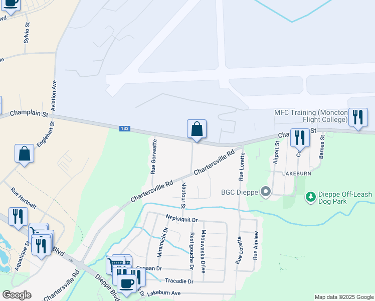 map of restaurants, bars, coffee shops, grocery stores, and more near 43 Rue Therrien in Dieppe