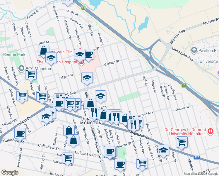 map of restaurants, bars, coffee shops, grocery stores, and more near in Moncton