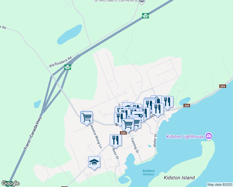 map of restaurants, bars, coffee shops, grocery stores, and more near 18 High Street in Baddeck