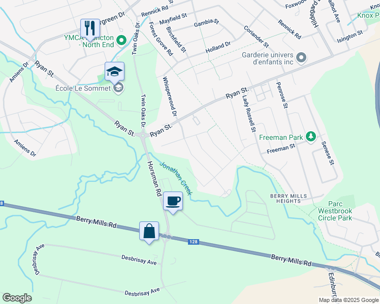 map of restaurants, bars, coffee shops, grocery stores, and more near Pebble Creek Way in Moncton