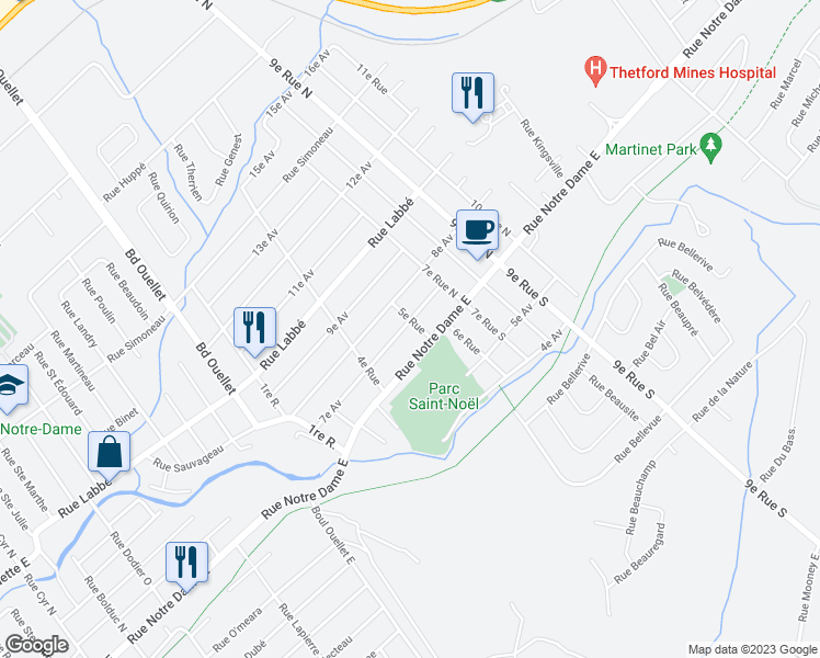map of restaurants, bars, coffee shops, grocery stores, and more near 1008 7e Av in Thetford Mines