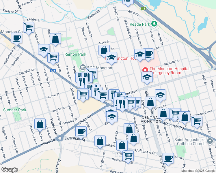 map of restaurants, bars, coffee shops, grocery stores, and more near 47 Churchill Street in Moncton
