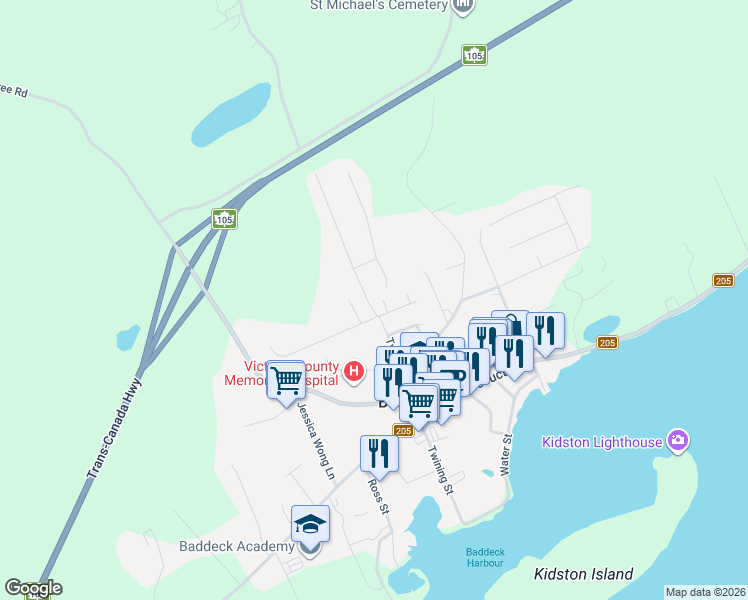 map of restaurants, bars, coffee shops, grocery stores, and more near 160 Twining Street in Baddeck