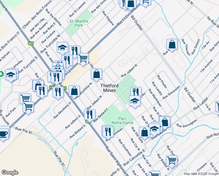 map of restaurants, bars, coffee shops, grocery stores, and more near in Thetford Mines