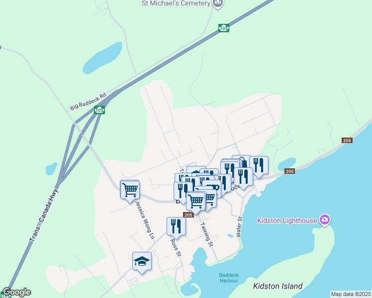 map of restaurants, bars, coffee shops, grocery stores, and more near 10 High Street in Baddeck