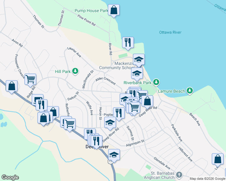 map of restaurants, bars, coffee shops, grocery stores, and more near 58 Ridge Road in Deep River