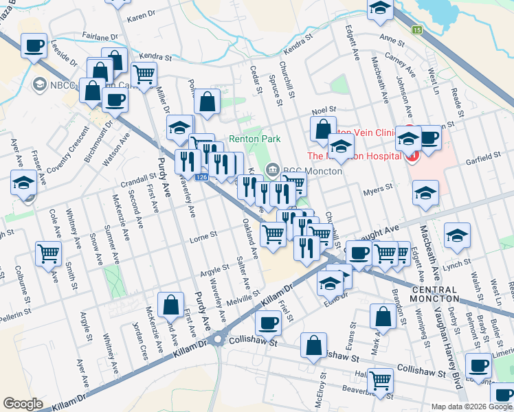 map of restaurants, bars, coffee shops, grocery stores, and more near 12 Katherine Avenue in Moncton
