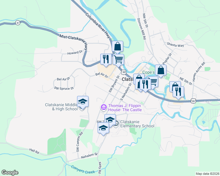 map of restaurants, bars, coffee shops, grocery stores, and more near 290 Southwest Bryant Street in Clatskanie