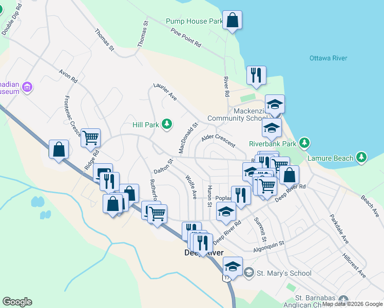 map of restaurants, bars, coffee shops, grocery stores, and more near 67 Alder Crescent in Deep River