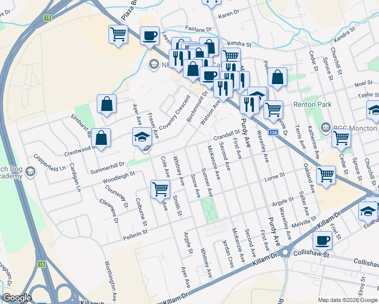 map of restaurants, bars, coffee shops, grocery stores, and more near 225 Snow Avenue in Moncton