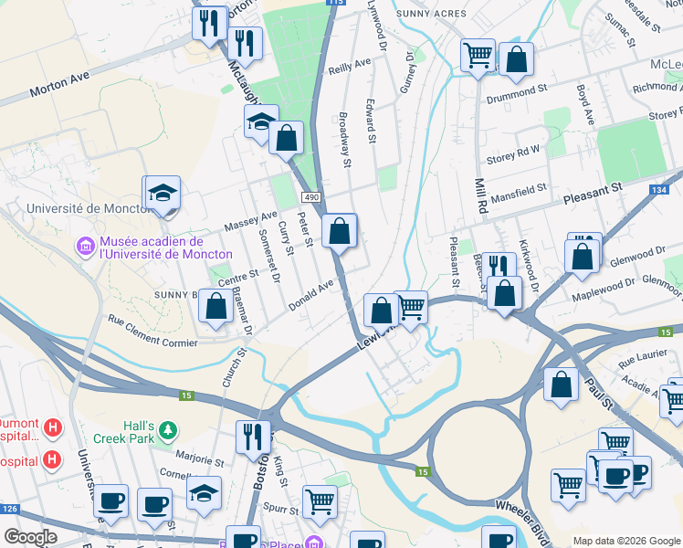 map of restaurants, bars, coffee shops, grocery stores, and more near 3 Donald Avenue in Moncton