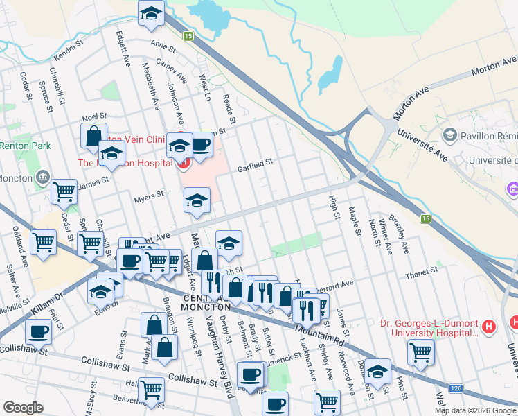 map of restaurants, bars, coffee shops, grocery stores, and more near Reade Street in Moncton