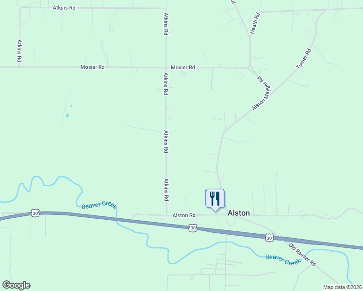 map of restaurants, bars, coffee shops, grocery stores, and more near 76292 Atkins Road in Rainier