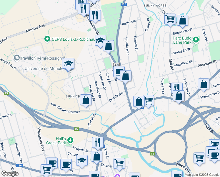 map of restaurants, bars, coffee shops, grocery stores, and more near 54 Curry Street in Moncton