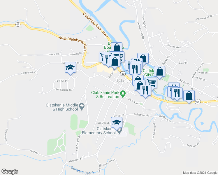 map of restaurants, bars, coffee shops, grocery stores, and more near 330 Southwest Bryant Street in Clatskanie