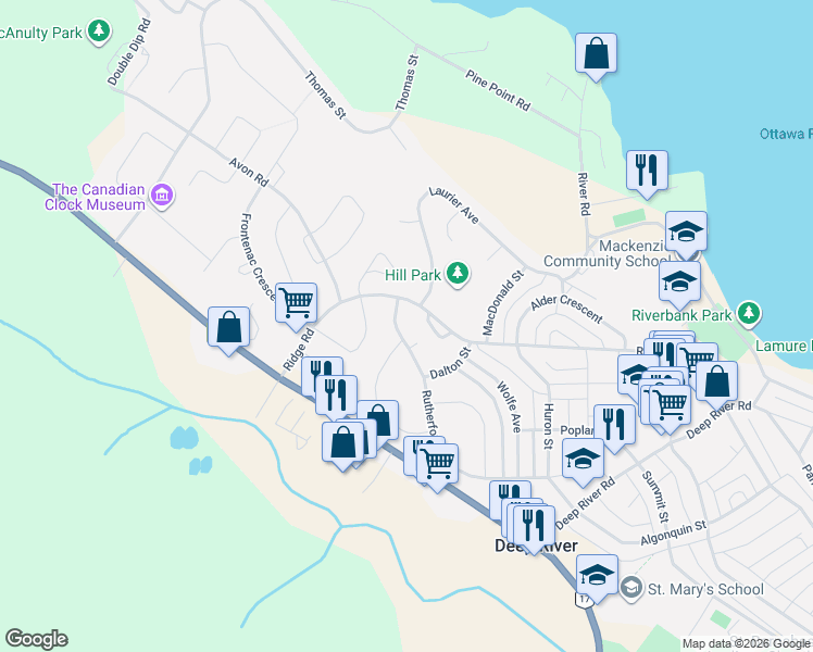 map of restaurants, bars, coffee shops, grocery stores, and more near 86 Rutherford Avenue in Deep River