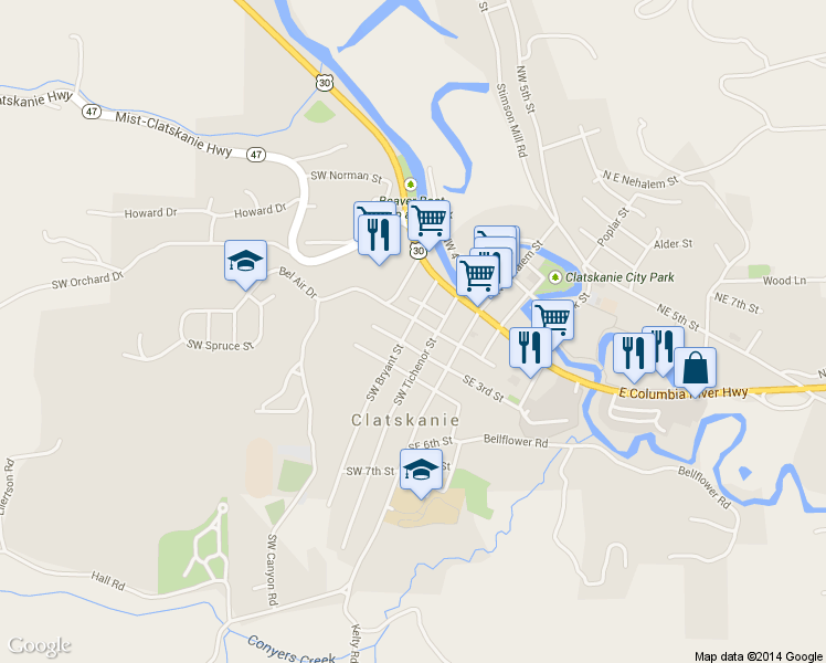 map of restaurants, bars, coffee shops, grocery stores, and more near 265 Southwest Bryant Street in Clatskanie