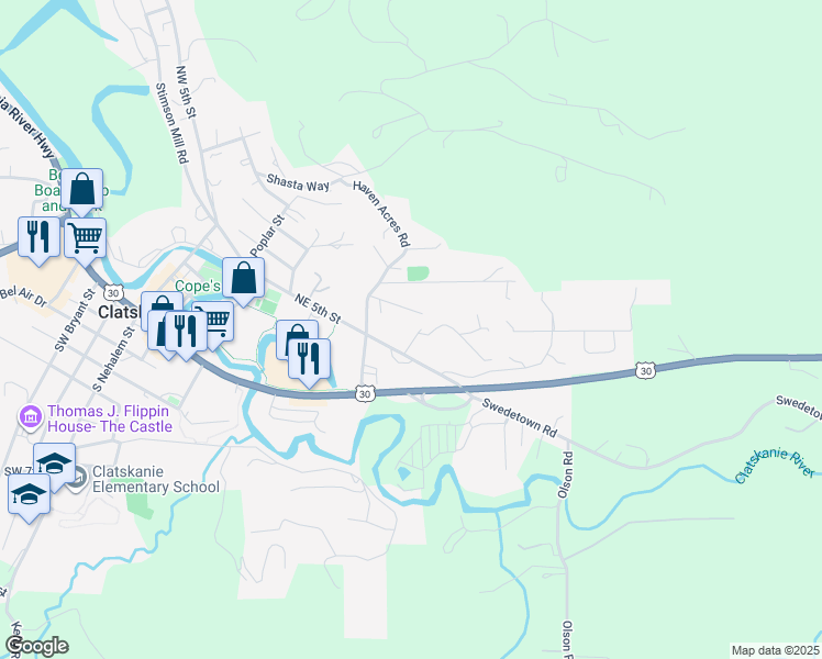 map of restaurants, bars, coffee shops, grocery stores, and more near 730 Northeast 7th Street in Clatskanie