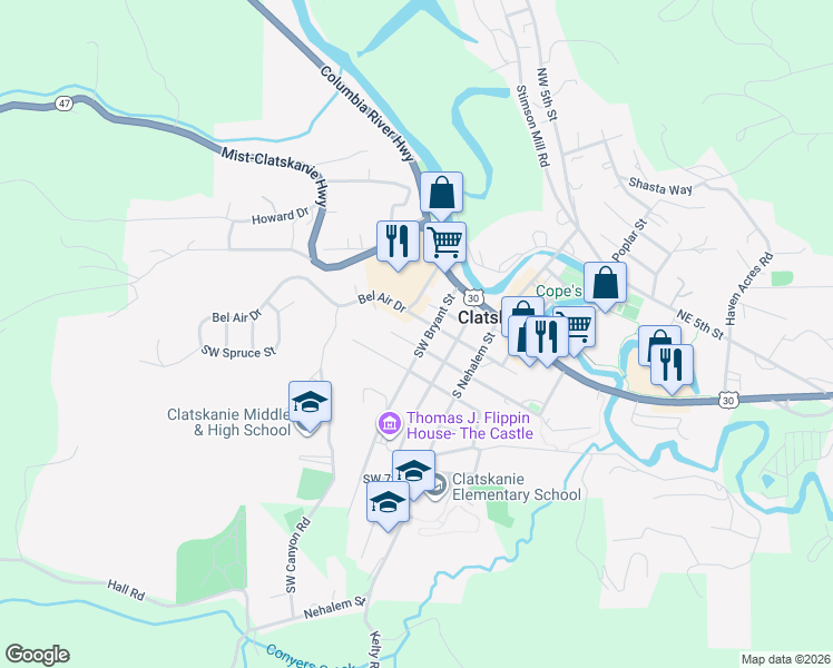 map of restaurants, bars, coffee shops, grocery stores, and more near 290 Southwest Bryant Street in Clatskanie