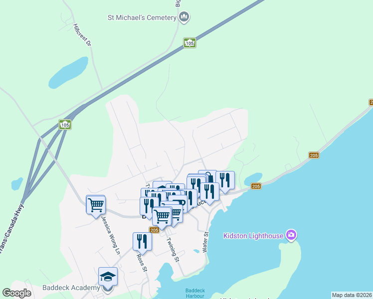map of restaurants, bars, coffee shops, grocery stores, and more near 86 Queen Street in Baddeck